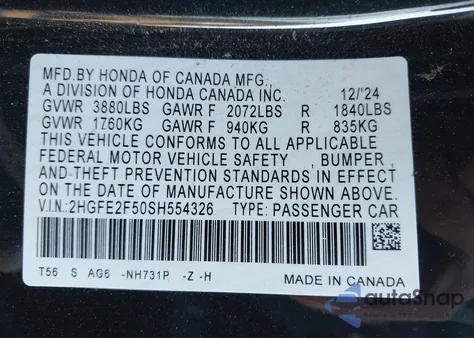 2025 Honda Civic Sport z USA, uszkodzony, nr VIN 2HGFE2F50SH554326